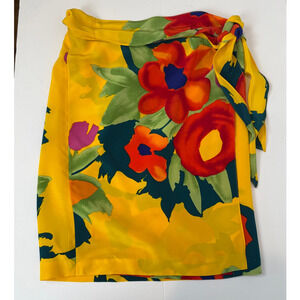 Vintage Randy Kemper 100% Silk Wrap Skirt 10 Yellow Floral Pop Art Hong Kong